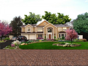 Pavers, lawn, landscape grouping, trees
